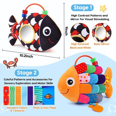 Baby Sensory Toys 0-6 Months Music Tummy Time Flip Fish Toys for Infant 2 3 4 5 6 Month with Mirror Crinkle Rattle Teether for 0-3-6-12 Months High Contrast Baby Toys for Newborn Girl Boy Shower Gifts in Kuwait