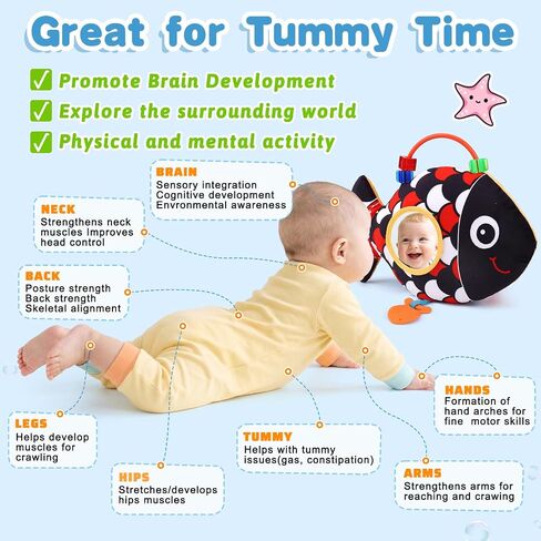 Baby Sensory Toys 0-6 Months Music Tummy Time Flip Fish Toys for Infant 2 3 4 5 6 Month with Mirror Crinkle Rattle Teether for 0-3-6-12 Months High Contrast Baby Toys for Newborn Girl Boy Shower Gifts in Kuwait