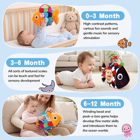 Baby Sensory Toys 0-6 Months Music Tummy Time Flip Fish Toys for Infant 2 3 4 5 6 Month with Mirror Crinkle Rattle Teether for 0-3-6-12 Months High Contrast Baby Toys for Newborn Girl Boy Shower Gifts in Kuwait