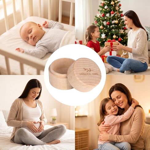 Baby Umbilical Cord Memorial Box with Transparent Box Round Newborn Wood Keepsake Case Minimalist Wooden Tooth Boxes Fetal Hair Memorial Storage Container Gift for Baby Shower Christening in Kuwait