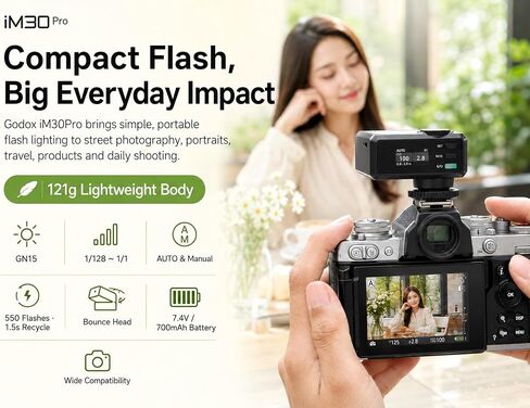 Godox Flash Godox iM30 Pro iM30Pro Mini Camera Flash, GN15 550 Full-Power Flashes/1.5s Recycle Time/Auto & 1/128 Manual Mode/Type-C Rechargeable/HD Color Screen in Kuwait