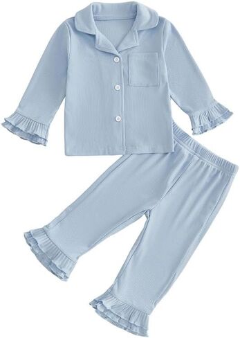 Multitrust Toddler Baby Girl Ribbed Pajamas Set Rufled Short Sleeve Button Down Shirt Tops and Shorts 2PCS Girls Sleep Sets in Kuwait