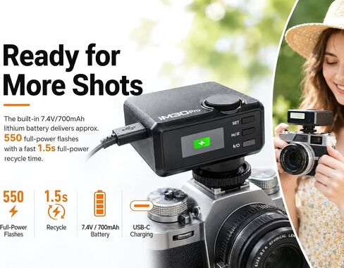 Godox Flash Godox iM30 Pro iM30Pro Mini Camera Flash, GN15 550 Full-Power Flashes/1.5s Recycle Time/Auto & 1/128 Manual Mode/Type-C Rechargeable/HD Color Screen in Kuwait