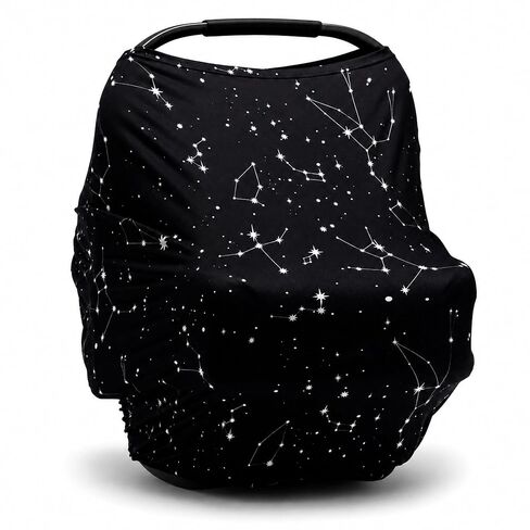 Infant Car Seat Canopy Cover, Stretchy Baby Carseat Shade with Peekaboo Vent, Silent Slip On Fit, Doubles as Nursing and Stroller Cover, Unisex Gift, Black Star Print in Kuwait
