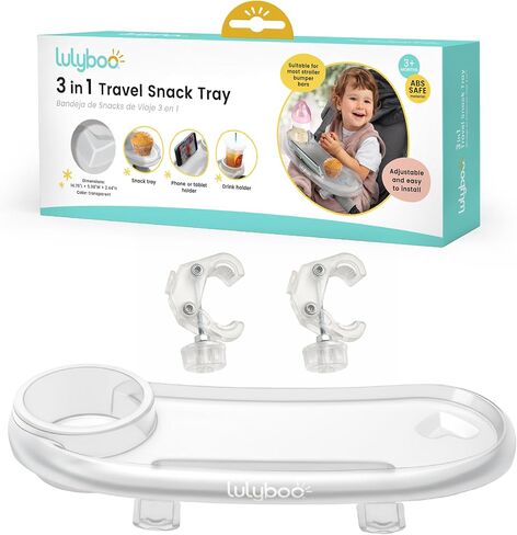 Lulyboo 3-in-1 Travel Snack Tray for Strollers | Durable ABS Material, Clamp Fit Most Bumper Bars, Multi-Function Organizer with Cup Holder & Phone/Tablet Slot, Lightweight Baby Stroller Accessory in Kuwait