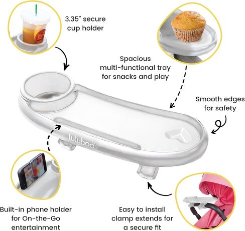 Lulyboo 3-in-1 Travel Snack Tray for Strollers | Durable ABS Material, Clamp Fit Most Bumper Bars, Multi-Function Organizer with Cup Holder & Phone/Tablet Slot, Lightweight Baby Stroller Accessory in Kuwait