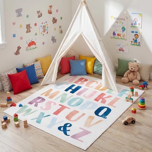 Dunzy 47"x39" Rainbow Reading Corner Rug for Classroom Back to School Mat | Rainbow Print, Washable Carpet, Soft Non Slip Floor Mat, Back to School Nook, Playroom Bedroom Dorm Decor, Cozy Reading Area in Kuwait