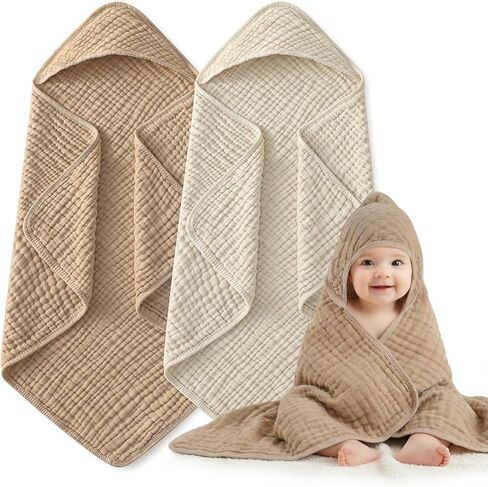 Muslin Hooded Baby Towels 2-Pack, 6-Layer 100% Cotton Baby Bath Towels for Newborns, Infants and Toddlers, Large 32 x 32 Inch, Ultra-Soft, Highly Absorbent Hooded Bath Essentials, Beige & Coffee in Kuwait