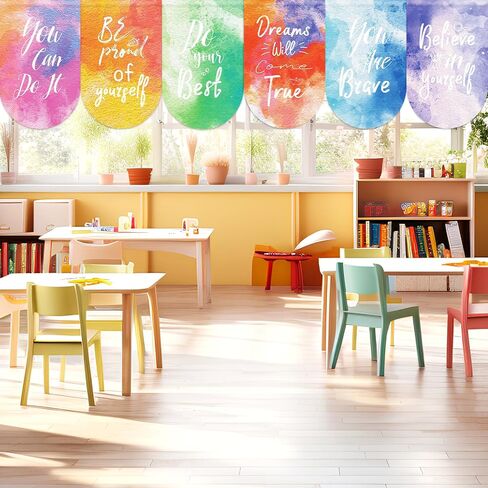 6 Pcs Watercolor Curtains Back to School Window Drapes Positive Inspirational Classroom Valances for Kid First Day of School Classroom Kindergarten Playroom Daycare Bedroom Window Decor 36" X 24" in Kuwait