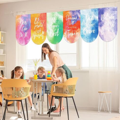 6 Pcs Watercolor Curtains Back to School Window Drapes Positive Inspirational Classroom Valances for Kid First Day of School Classroom Kindergarten Playroom Daycare Bedroom Window Decor 36" X 24" in Kuwait