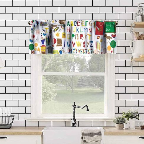Alphabet Valances Curtain for Kids,Colorful Fun Cartoon Education Numbers Alphabet Learning Print Window Treatment Valance Rod Pocket Short Curtain for Baby Child Toddler 54x18inch in Kuwait