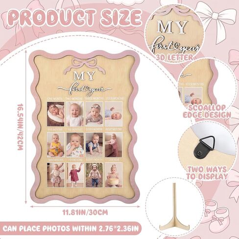 Pink Bow My First Year Photo Board Scalloped, One Year Birthday Wooden Picture Frame 12 Monthly Milestone Photo Frame 16.5 x 11.8 Baby 1st Birthday Decoration Gift for Baby Girls Keepsake Girls in Kuwait