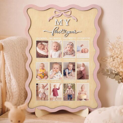 Pink Bow My First Year Photo Board Scalloped, One Year Birthday Wooden Picture Frame 12 Monthly Milestone Photo Frame 16.5 x 11.8 Baby 1st Birthday Decoration Gift for Baby Girls Keepsake Girls in Kuwait