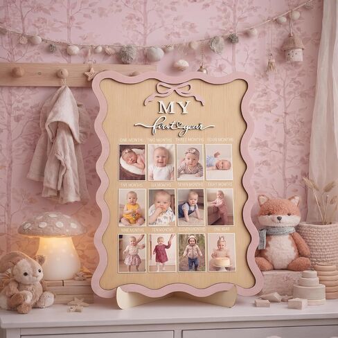 Pink Bow My First Year Photo Board Scalloped, One Year Birthday Wooden Picture Frame 12 Monthly Milestone Photo Frame 16.5 x 11.8 Baby 1st Birthday Decoration Gift for Baby Girls Keepsake Girls in Kuwait