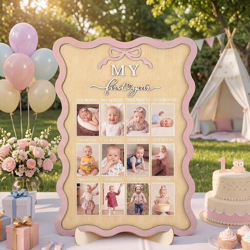 Pink Bow My First Year Photo Board Scalloped, One Year Birthday Wooden Picture Frame 12 Monthly Milestone Photo Frame 16.5 x 11.8 Baby 1st Birthday Decoration Gift for Baby Girls Keepsake Girls in Kuwait