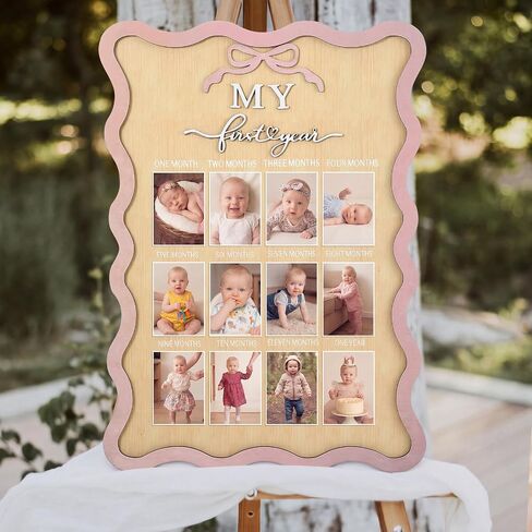 Pink Bow My First Year Photo Board Scalloped, One Year Birthday Wooden Picture Frame 12 Monthly Milestone Photo Frame 16.5 x 11.8 Baby 1st Birthday Decoration Gift for Baby Girls Keepsake Girls in Kuwait