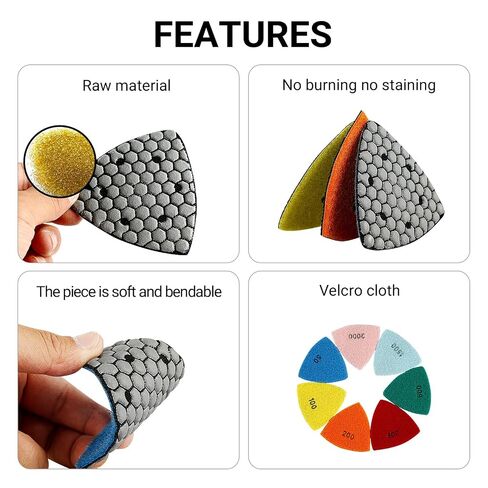 LOZLIN Triangle Diamond Dry Polishing Pads 7PCS 3.5 Inch 90mm Hook and Loop Sanding Discs for Oscillating Tools Granite Marble Stone Concrete Masonry & DIY Projects in Kuwait