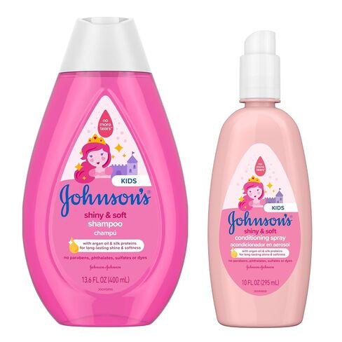 Bundle of Johnson's Kids Shiny & Soft Tear-Free Kids' Shampoo with Argan Oil & Silk Proteins, Hypoallergenic, Sulfate-Free, 13.6 fl. oz + Conditioning Spray for Toddler Haircare, 10 fl. oz in Kuwait