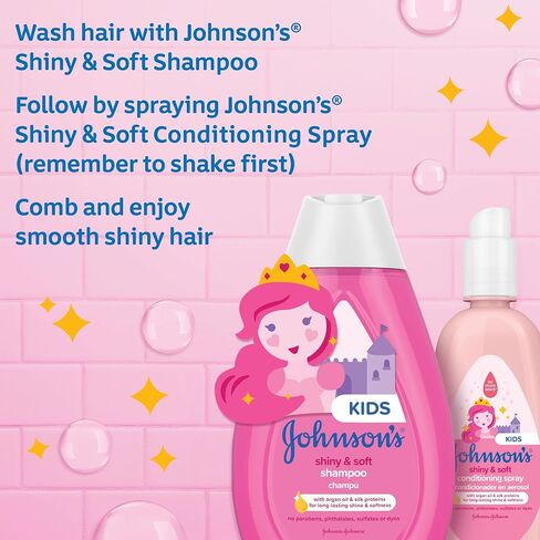 Bundle of Johnson's Kids Shiny & Soft Tear-Free Kids' Shampoo with Argan Oil & Silk Proteins, Hypoallergenic, Sulfate-Free, 13.6 fl. oz + Conditioning Spray for Toddler Haircare, 10 fl. oz in Kuwait