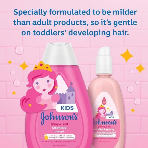 Bundle of Johnson's Kids Shiny & Soft Tear-Free Kids' Shampoo with Argan Oil & Silk Proteins, Hypoallergenic, Sulfate-Free, 13.6 fl. oz + Conditioning Spray for Toddler Haircare, 10 fl. oz in Kuwait