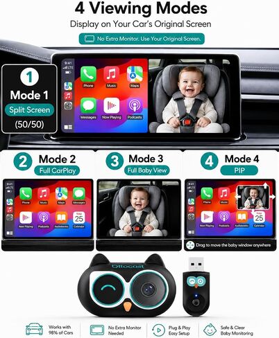 OTTOCAST Baby Car Camera 2026,Wireless CarPlay Adapter (No Android Support) | Display the Baby View on the Original Car Screen,Split Screen for Navigation & Baby Monitor,Wired CarPlay to Wireless in Kuwait
