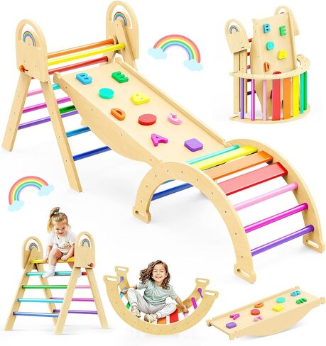 Pikler Triangle Set, 9-in-1 Montessori Climbing Toy for Toddlers, Foldable Wooden Indoor Jungle Gym & Playground Climber for Learning and Motor Skills (18 Months–7 Years) in Kuwait