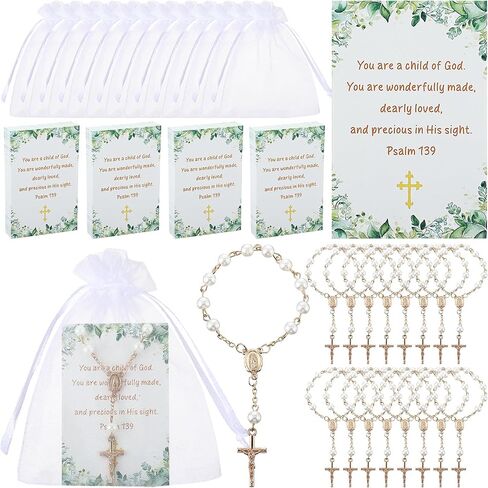 Quelay 50 Sets Baptism Favors for Guests Mini Small Rosaries Bulk Catholic Baptism Beads Faux Pearls with Cross Psalm Cards and Organza Bags Rosaries Greeting Cards for Baby Shower Christian Gifts in Kuwait