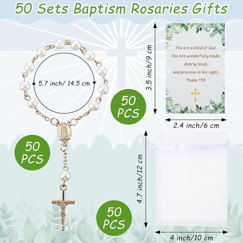 Quelay 50 Sets Baptism Favors for Guests Mini Small Rosaries Bulk Catholic Baptism Beads Faux Pearls with Cross Psalm Cards and Organza Bags Rosaries Greeting Cards for Baby Shower Christian Gifts in Kuwait
