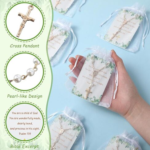 Quelay 50 Sets Baptism Favors for Guests Mini Small Rosaries Bulk Catholic Baptism Beads Faux Pearls with Cross Psalm Cards and Organza Bags Rosaries Greeting Cards for Baby Shower Christian Gifts in Kuwait