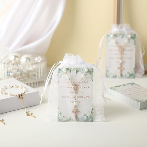 Quelay 50 Sets Baptism Favors for Guests Mini Small Rosaries Bulk Catholic Baptism Beads Faux Pearls with Cross Psalm Cards and Organza Bags Rosaries Greeting Cards for Baby Shower Christian Gifts in Kuwait
