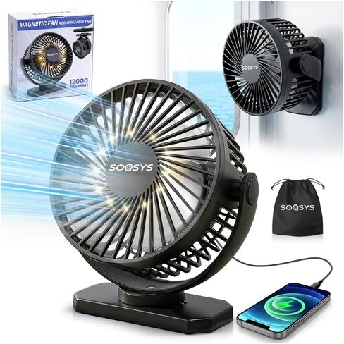 Cruise Approved Magnetic Fan with 12000mAh Rechargeable Battery, Cruise Fan with 3 Speeds, Timer, Led Lights, Power Output & Bottom Hook, Portable Fans for Camping Travel Cruise Essentials in Kuwait