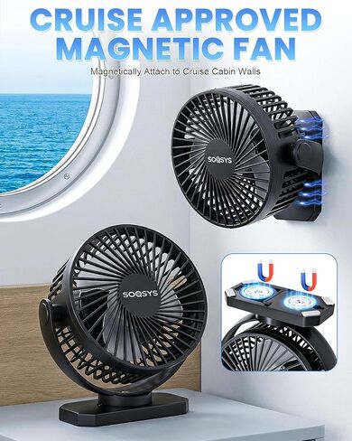 Cruise Approved Magnetic Fan with 12000mAh Rechargeable Battery, Cruise Fan with 3 Speeds, Timer, Led Lights, Power Output & Bottom Hook, Portable Fans for Camping Travel Cruise Essentials in Kuwait