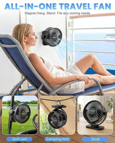 Cruise Approved Magnetic Fan with 12000mAh Rechargeable Battery, Cruise Fan with 3 Speeds, Timer, Led Lights, Power Output & Bottom Hook, Portable Fans for Camping Travel Cruise Essentials in Kuwait
