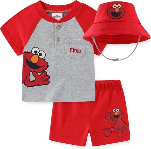 Sesame Street Elmo Baby Boys French Terry Half Button T-Shirt with Bucket Hat and Shorts 3 Piece Set for Infant in Kuwait
