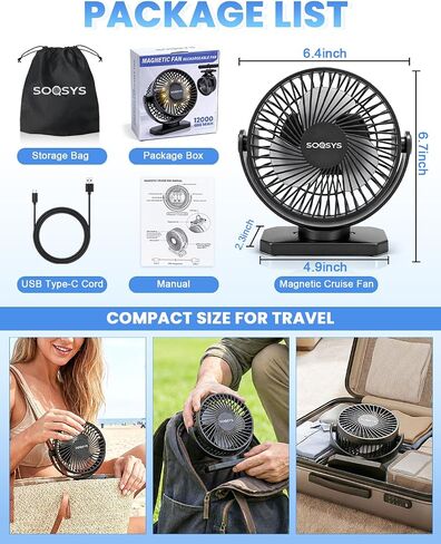 Cruise Approved Magnetic Fan with 12000mAh Rechargeable Battery, Cruise Fan with 3 Speeds, Timer, Led Lights, Power Output & Bottom Hook, Portable Fans for Camping Travel Cruise Essentials in Kuwait