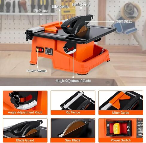 7 Inch Wet Tile Saw, 6500 RPM Pure Copper Motor Tabletop Tile Cutter, 0-45° Bevel Cutting with Water Reservoir for Porcelain, Ceramic, Marble & Stone, for DIY Enthusiasts in Kuwait