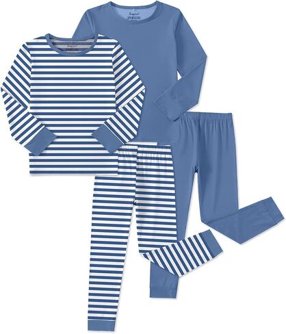 Jimonda Bamboo Viscose Toddler Kid Pajamas Set Boys/Girl Striped Sleepwear | Ultra-soft breathable viscose, Skin-friendly,tag-free label, long sleeve,4pc set, Elastic cuffs and hem, size18M-12Y ,durable in Kuwait