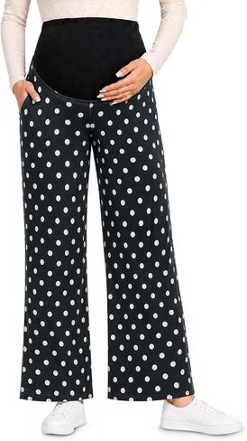 Yousify Womens Maternity Pants Casual Wide Leg Pregnancy Trousers | Stretchy, Elastic Waist, Patterned, Side Pocket, Loose Fit, Skin Friendly, Soft Comfy, Palazzo Pants for Work Lounge Yoga in Kuwait