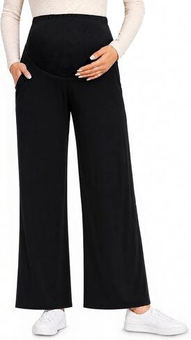Yousify Womens Maternity Pants Casual Wide Leg Pregnancy Trousers | Stretchy, Elastic Waist, Patterned, Side Pocket, Loose Fit, Skin Friendly, Soft Comfy, Palazzo Pants for Work Lounge Yoga in Kuwait