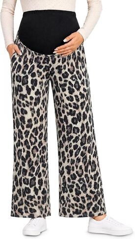 Yousify Womens Maternity Pants Casual Wide Leg Pregnancy Trousers | Stretchy, Elastic Waist, Patterned, Side Pocket, Loose Fit, Skin Friendly, Soft Comfy, Palazzo Pants for Work Lounge Yoga in Kuwait