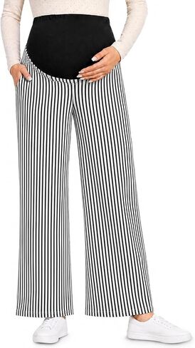 Yousify Womens Maternity Pants Casual Wide Leg Pregnancy Trousers | Stretchy, Elastic Waist, Patterned, Side Pocket, Loose Fit, Skin Friendly, Soft Comfy, Palazzo Pants for Work Lounge Yoga in Kuwait
