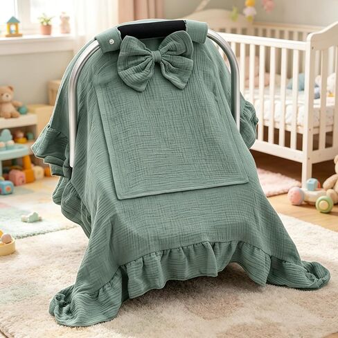 Muslin Baby Car Seat Cover with Bow, Infant Car Seat Canopy for Girls Boys, Hand-Cut Ruffled Baby Carrier Cover with Embedded Mesh Window, Easy Access Carseat Cover for Newborn Shower Gift in Kuwait