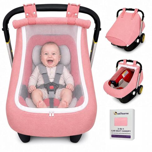 Breathable Muslin Mesh Baby Car Seat Canopy - Premium Oxford Cloth Hanging Ears with Adjustable Snaps, Full-Seal Protection, 3 Ventilation Modes, Easy Zipper Access in Kuwait