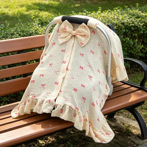 Muslin Baby Car Seat Cover, Handmade Infant Car Seat Cover with Cute Bow & Ruffle Hem Design, Multi-Use Carseat Canopy for Privacy Nursing, Summer Baby Carrier Cover Stroller Sun Protector in Kuwait