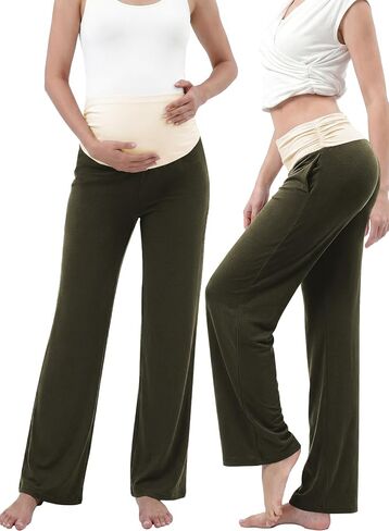 BLENCOT Women's Maternity Pants Wide Leg Over The Belly Pregnancy Pants Stretchy Loose Casual Trousers with Pockets in Kuwait