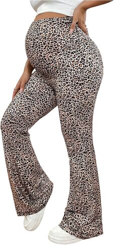 OYOANGLE Women's Maternity Leopard Print Flare Pants Over The Belly High Waisted Bell Bottom Trousers in Kuwait