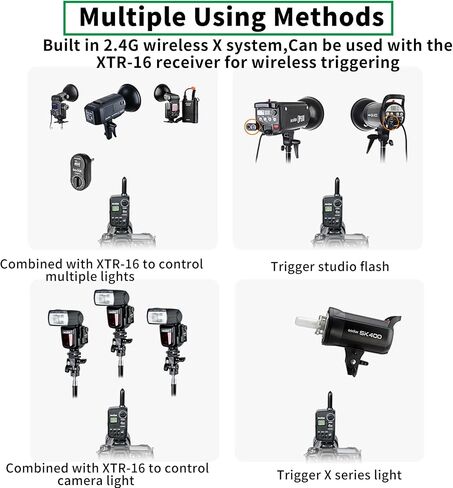 Godox XT-16 Wireless Flash Trigger Kit,2 in 1 Transmitter and Receiver for Studio Strobe Flash Photography,2.4G 16 Channels Trigger Compatible with Canon Nikon Sony Fujifilm Olympus Pentax Camera in Kuwait