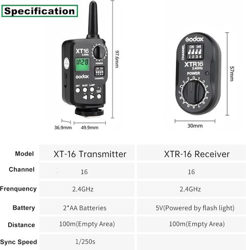 Godox XT-16 Wireless Flash Trigger Kit,2 in 1 Transmitter and Receiver for Studio Strobe Flash Photography,2.4G 16 Channels Trigger Compatible with Canon Nikon Sony Fujifilm Olympus Pentax Camera in Kuwait