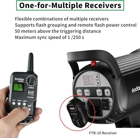 Godox FT-16 Wireless Flash Trigger Kit,2 in 1 Transmitter and Receiver for Studio Strobe Flash Photography,433MHz 16 Channels Trigger Compatible with Canon Nikon Sony Fujifilm Olympus Pentax Camera in Kuwait