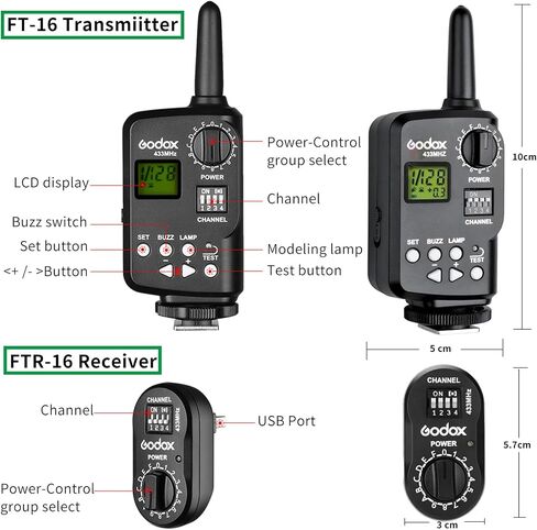 Godox FT-16 Wireless Flash Trigger Kit,2 in 1 Transmitter and Receiver for Studio Strobe Flash Photography,433MHz 16 Channels Trigger Compatible with Canon Nikon Sony Fujifilm Olympus Pentax Camera in Kuwait